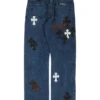 Jeansy Chrome Hearts Fleur z Cross Patch w kształcie krzyża na kolanie Jeansy Chrome Hearts Fleur z Cross Patch w kształcie krzyża na kolanie