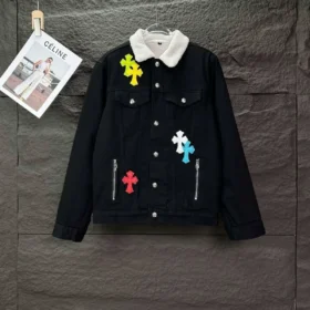 Kurtka dżinsowa Chrome Hearts z białym kołnierzem i Cross Patches