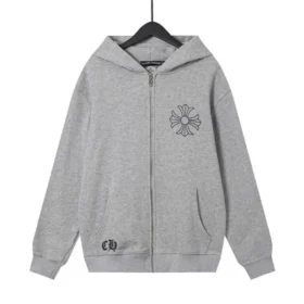 Szara bluza z kapturem i zamkiem błyskawicznym Chrome Hearts z motywem kwiatowym